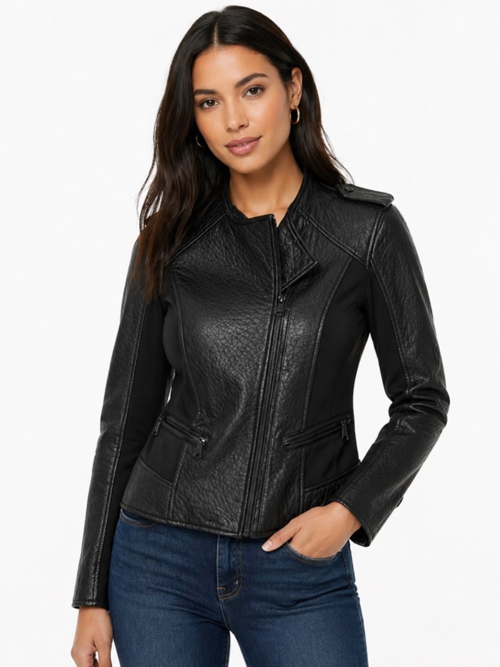 Marc New York Andrew Marc Black Faux Leather Moto Jacket Women Small Zip Stretch
